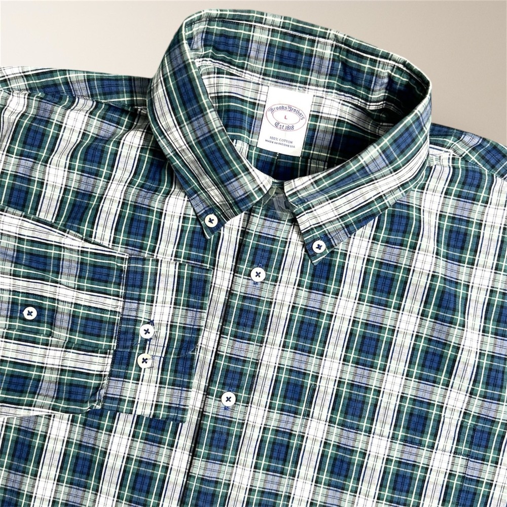 Brooks Brothers 1818‎ Men's L Blue Green Plaid Button Down Long Sleeve Shirt
